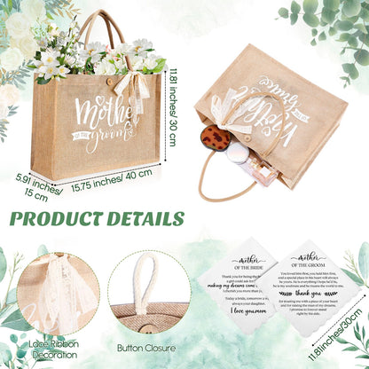 Hushee 2 Sets Mother of the Bride and Mother of the Groom Gifts Set Includes 16 oz Glass Cups Canvas Tote Bags Cosmetic Bag Handkerchief Candle for Mom Bridal Shower Wedding Gifts(Eucalyptus)