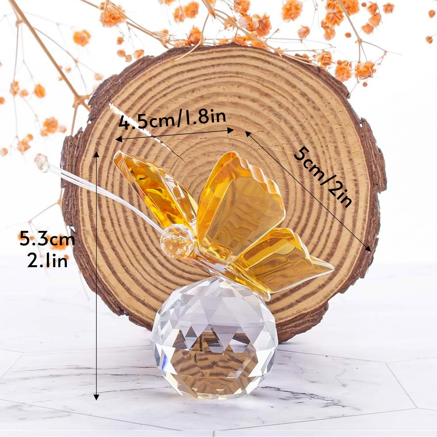 H&D Crystal Flying Butterfly with Crystal Ball Base Figurine Collection Cut Glass Ornament Statue Animal Collectible (Yellow)