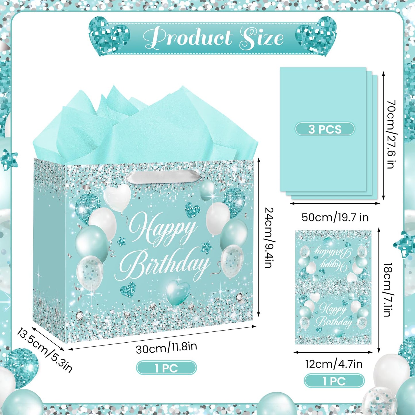 Teal Birthday Gift Bag for Girls Women Turquoise Birthday Gift Wrap Bag with Handle Teal Wrapping Paper Greeting Card for Kids Baby Shower Anniversary Turquoise Party Favors Decorations Supplies