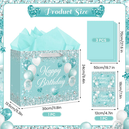 Teal Birthday Gift Bag for Girls Women Turquoise Birthday Gift Wrap Bag with Handle Teal Wrapping Paper Greeting Card for Kids Baby Shower Anniversary Turquoise Party Favors Decorations Supplies