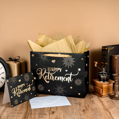 LeZakaa Happy Retirement Gift Bag, Black Goil Foil Hearts Stars Fireworks Design with Tissue Paper and Greeting Card for Men Women, 13" x 10" x 5", 1 Pcs