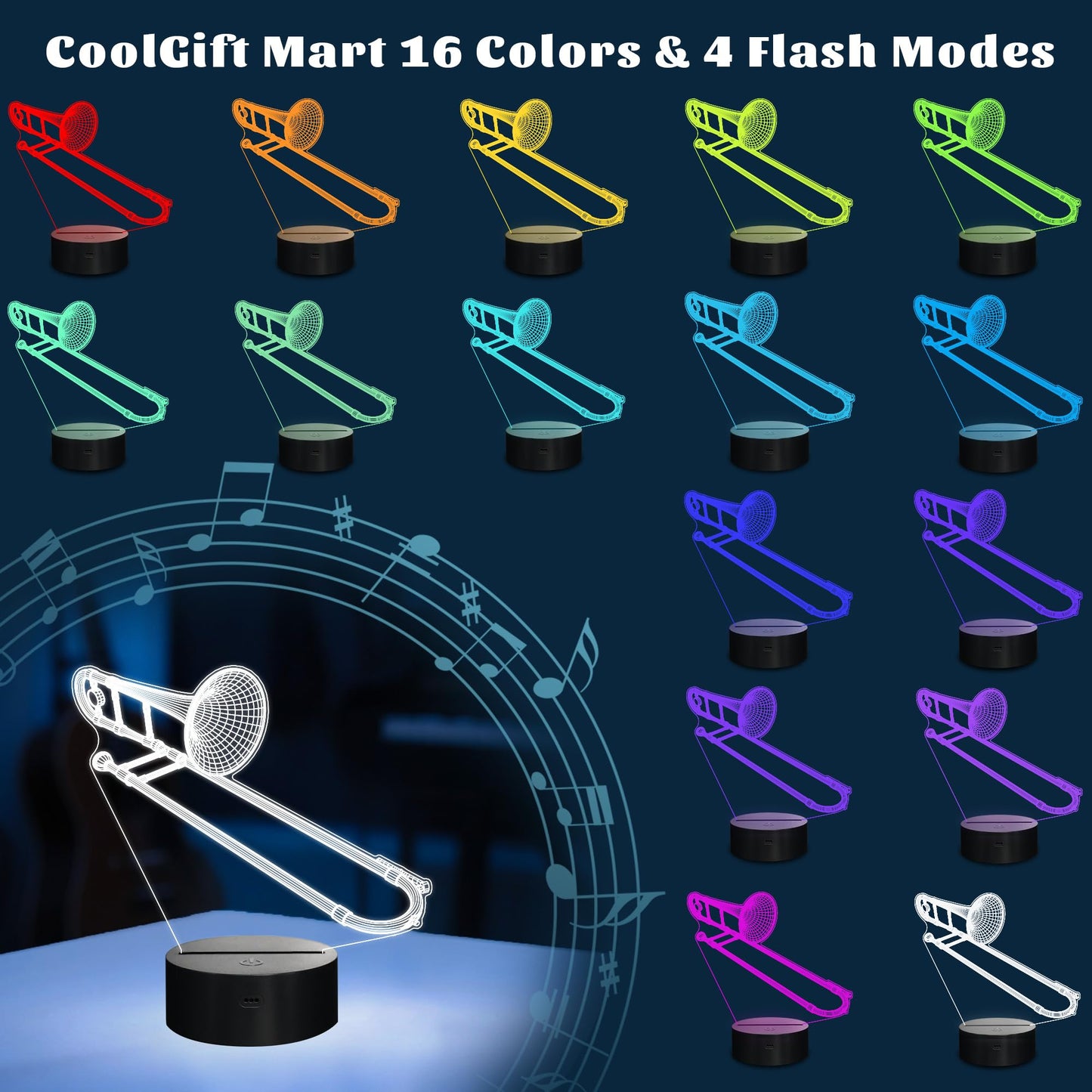 CoolGift Mart Trombone Night Light, 3D LED Optical Illusion Lamp with 16 Colors and Remote Controller, Gifts for Trombone Enthusiasts Music Lovers