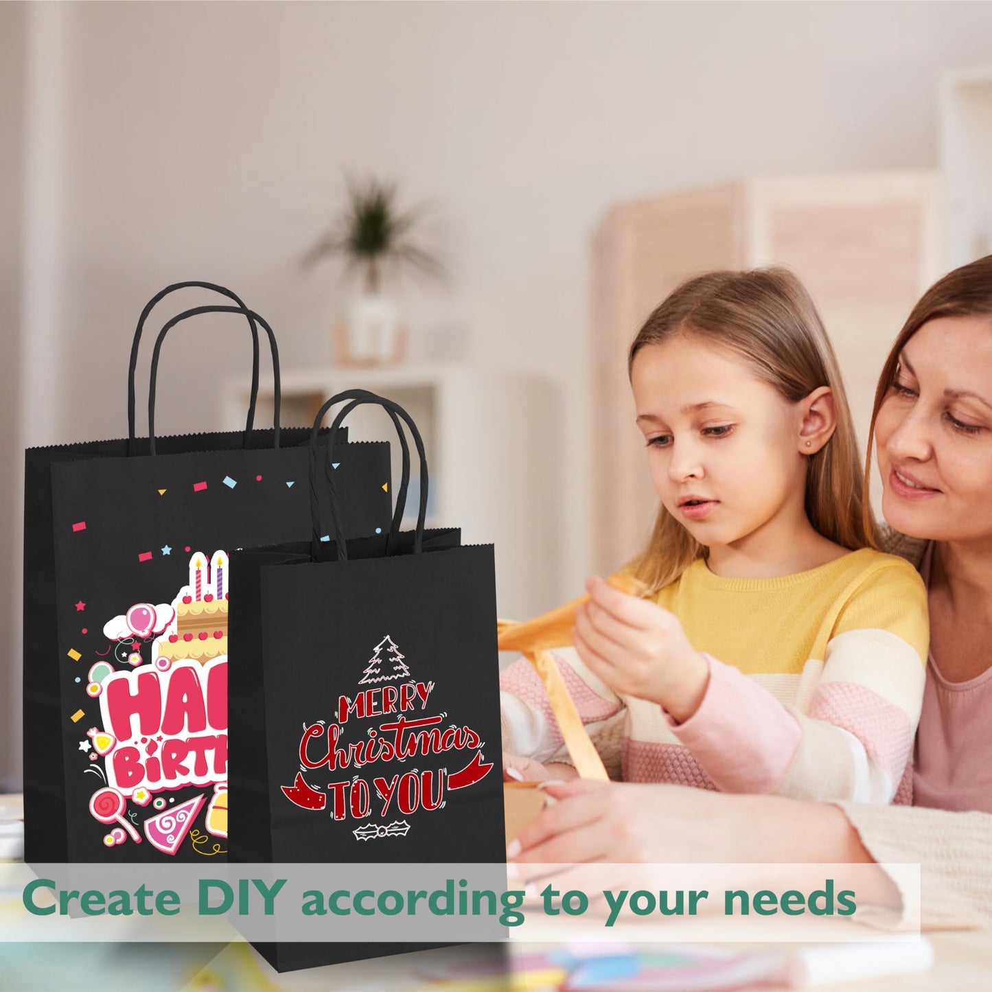 Tlpmsk 100 Pack Black Paper Bags with Handles,8.2x4.3x10.5 Inch Paper Gift Wrap Bags Bulk for Valentine's Day,Mother's Day,Shopping,Retail,Party Favors
