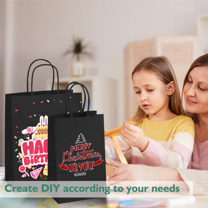 Tlpmsk 100 Pack Black Paper Bags with Handles,8.2x4.3x10.5 Inch Paper Gift Wrap Bags Bulk for Valentine's Day,Mother's Day,Shopping,Retail,Party Favors