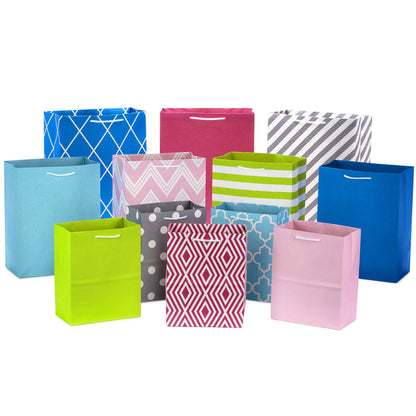 Hallmark Pastel Gift Bags in Assorted Sizes (Pack of 12-5 Medium 8", 4 Large 11", 3 Extra Large 14") for Baby Showers, Bridal Showers, Birthdays, Easter