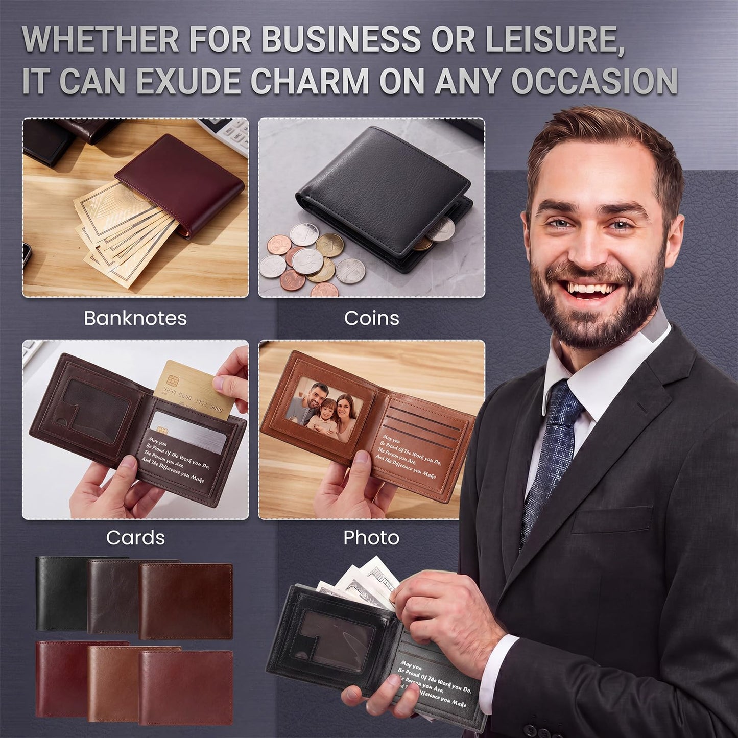 24 Pcs Fathers Day Bulk Gifts Wallet for Men, Bifold Leather Engraved Wallet for Husband Son Dad Coworkers Employees (Multicolor)