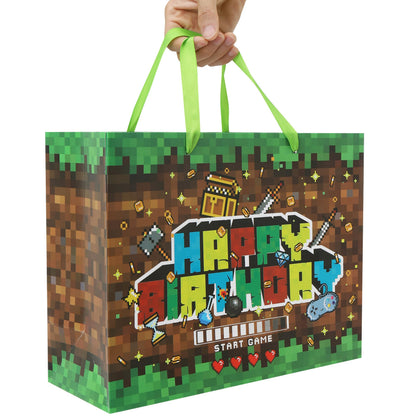 wishinside 13'' Large Game Birthday Gift Bag Set with Handles, Greeting Card, Black Tissue Papers and Stickers for Boys Kids Teens, Game-Themed Design, 1 Pcs