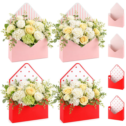 AnMTGDCT 4 PCS Mother's Day Flower Envelope Boxes, Florist Floral Envelope Gift Box Empty Flower Stripe Paper Bouquet Box or Mother's Day Wedding Birthday Valentine Party Arrangements, Pink Red