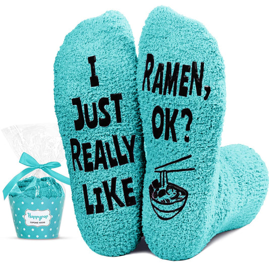 HAPPYPOP Food Drink Gifts for Women - Boba Tea Ramen Gifts for Her, Funny Saying Fuzzy Socks