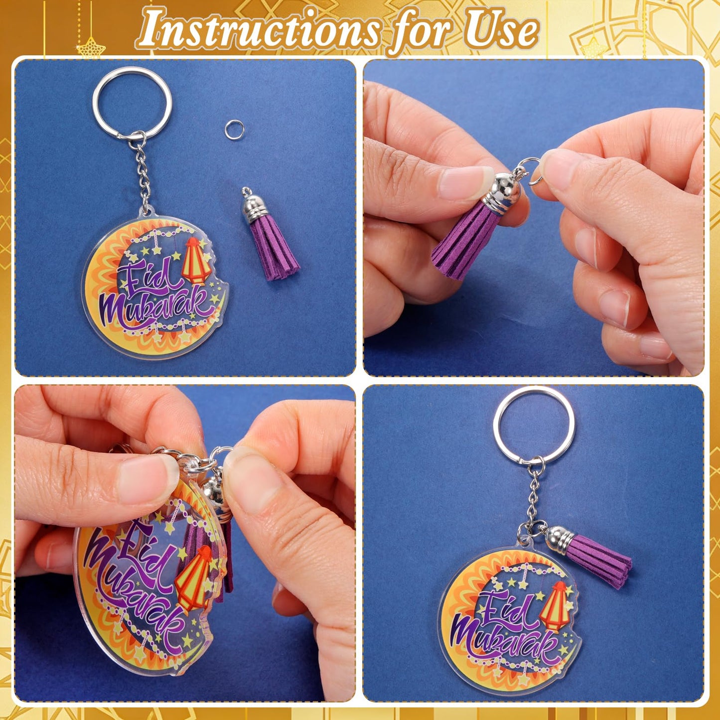 HOWAF 12pcs Eid Ramadan Keychains Set, Eid Mubarak Acrylic Keychain Making Kits with Rings and Tassels, Ramadan Mubarak DIY Craft Keyring for Muslim Celebration Gift Set