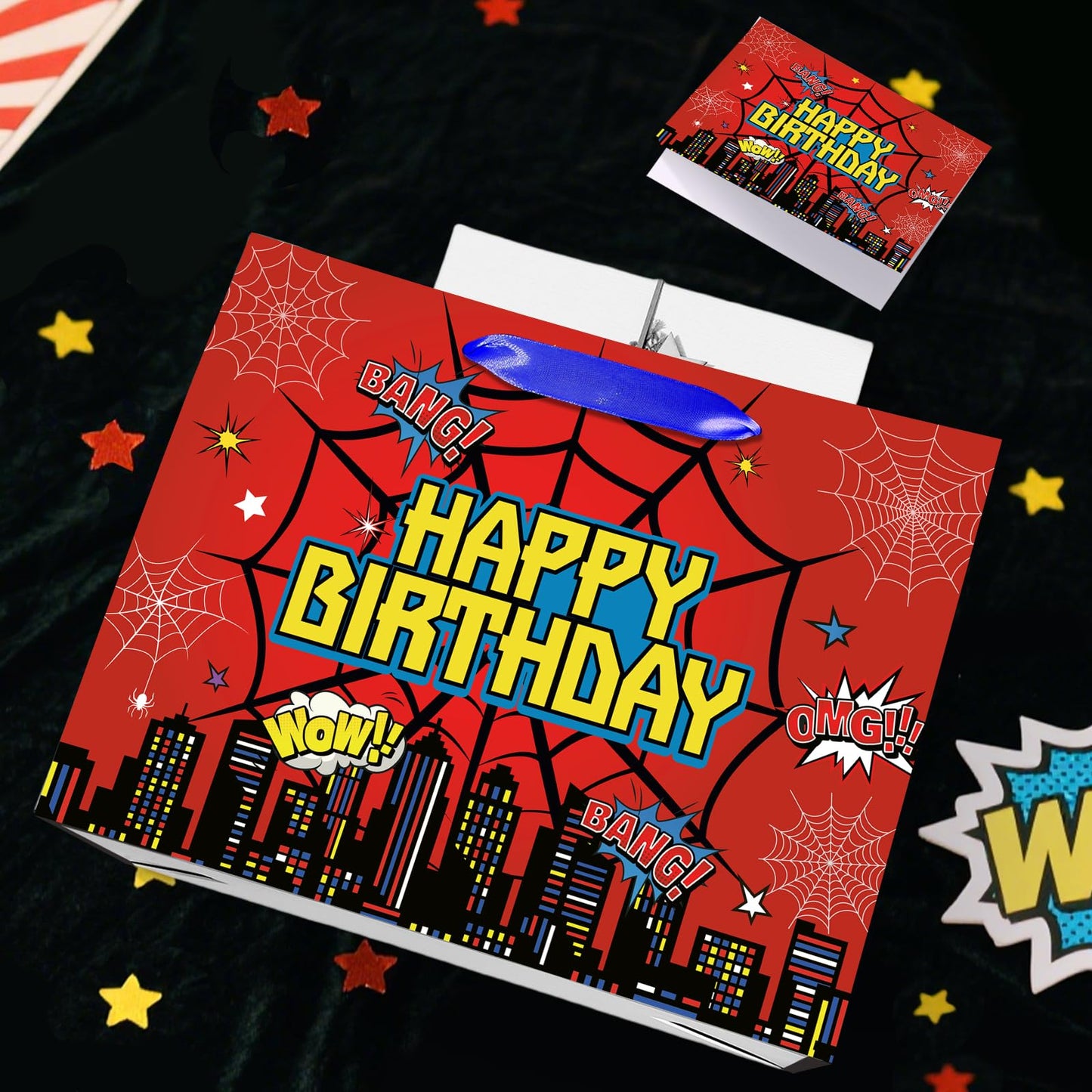 MOORIIY Hero Birthday Gift Bag with Greeting Card and Red Wrapping Paper, Spider Theme Birthday Gift Bag Red Heros Favors Bags for Men Kids Baby Shower Party Decor Supplies