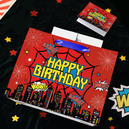 MOORIIY Hero Birthday Gift Bag with Greeting Card and Red Wrapping Paper, Spider Theme Birthday Gift Bag Red Heros Favors Bags for Men Kids Baby Shower Party Decor Supplies