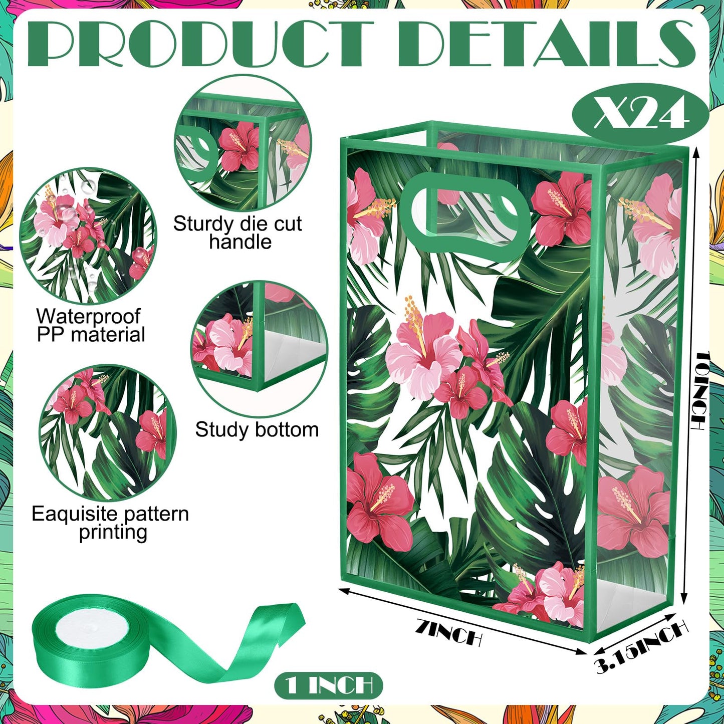 Geyoga 24 Pcs Hawaii Aloha Gift Bags with Handles 7x10x3.15 Inch Tropical Luau Clear Reusable PVC Gift Bag with Ribbon for Women Wedding Birthday Baby Shower Bridal Shower Summer Spring Party Supplies