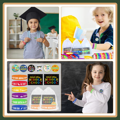 144 Pcs 5th Grade Graduation Gifts Include 36 Rubber Wristbands 36 Graduation Badges 36 Congratulations Graduations Card 36 Organza Bags for Fifth Grade Party Favors Supplies