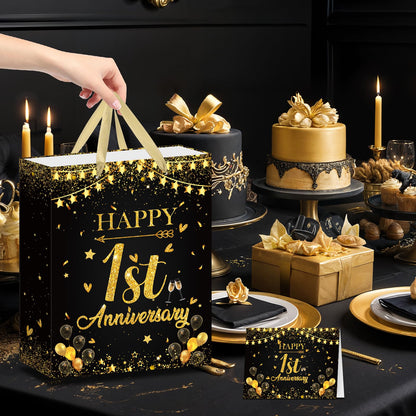 Happy 1st Anniversary Party Favor Bag Black Gold One Year Wedding Anniversary Wrapping Paper Bag with Tissue Paper and Greeting Card First Wedding Candy Goodies Treat Bags for Couple Wife Husband