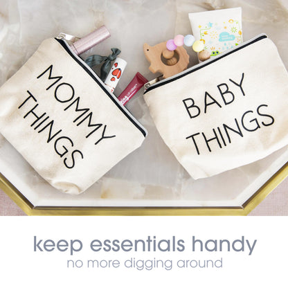 Pearhead Mommy and Baby Things Pouch Set, Canvas Zipper Organizer Bags for Diaper Bag and Travel, Cosmetic and Makeup Bag for Mom