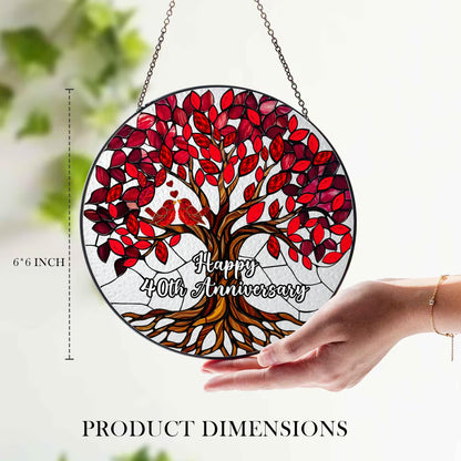 40th Wedding Anniversary Stained Glass Suncatcher, Ruby Anniversary Wedding Gifts, 6x6' Window Hanging for Couple, Wife, Husband, Parents – Unique 40th Anniversary Decorations Gifts