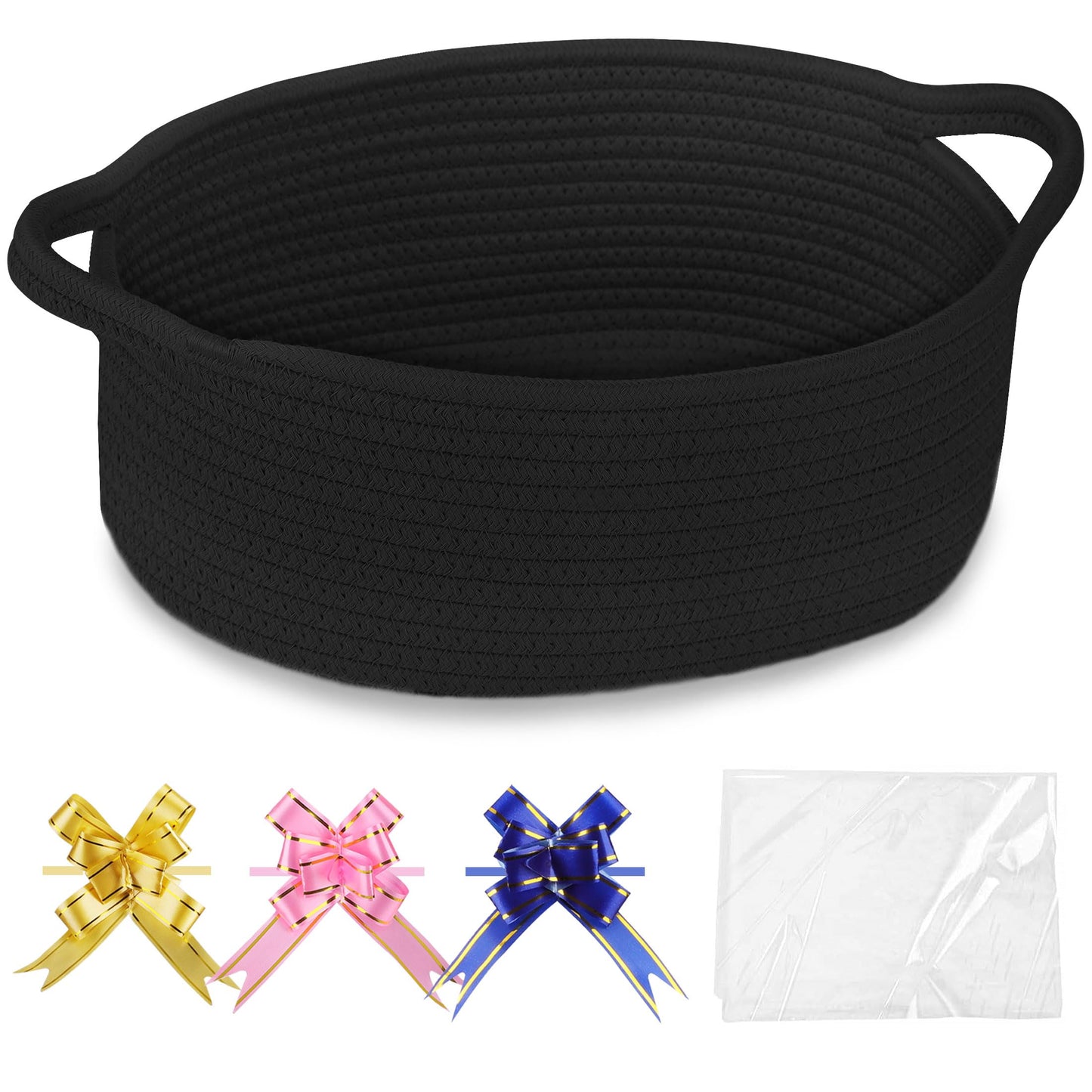 COMSE Small Woven Basket with Gift Bags and Ribbons, Gift Basket Empty, Cotton Rope Storage Organizer, Baby Toy Box with Handles, 12" x 8" x 5", Black