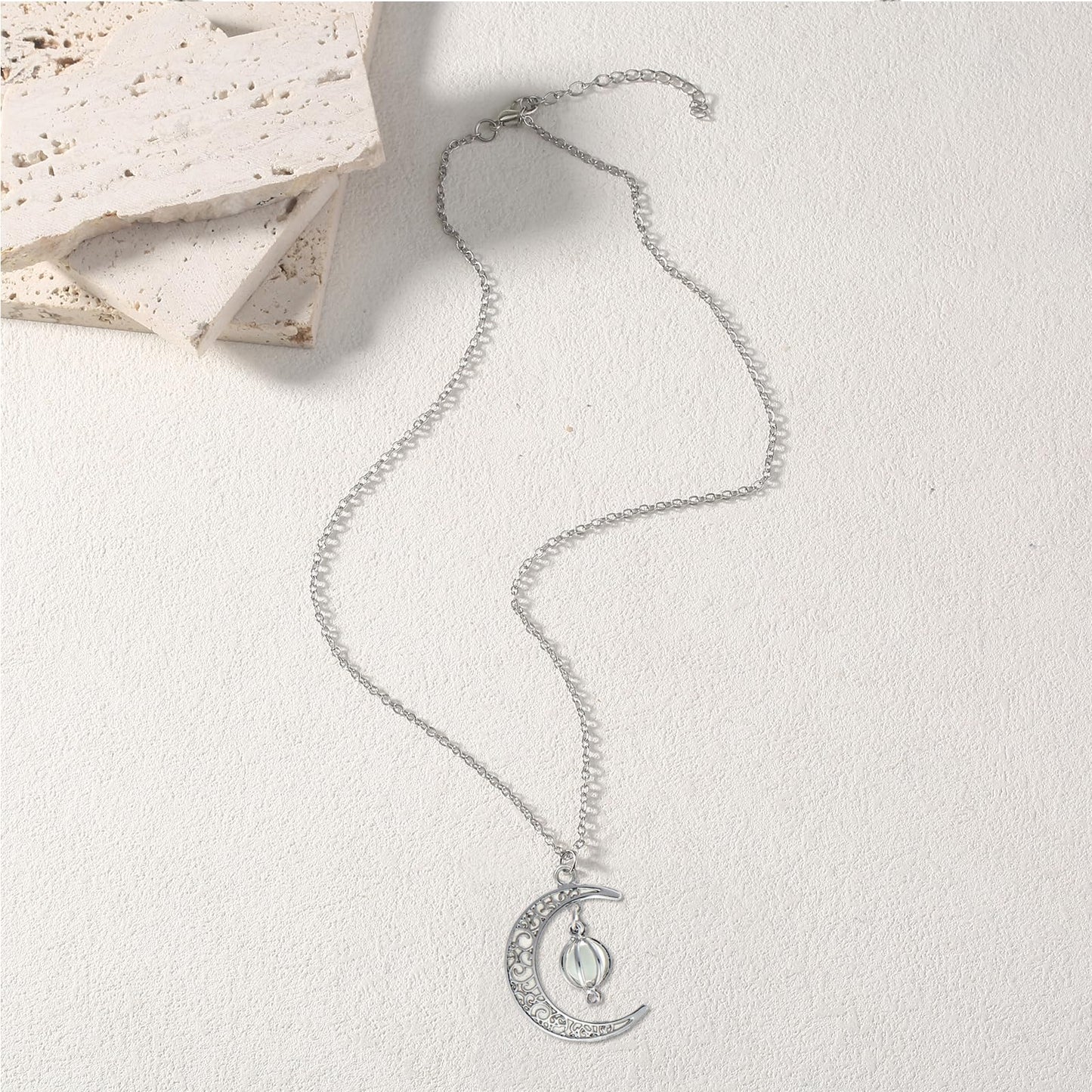EEQQBZ Glow in The Dark Silver Crescent Moon and Orb Necklace - Glowing Blue Moon Charm - Magical Fantasy Fairy Glowing Necklace - Glow Jewelry (sky blue)