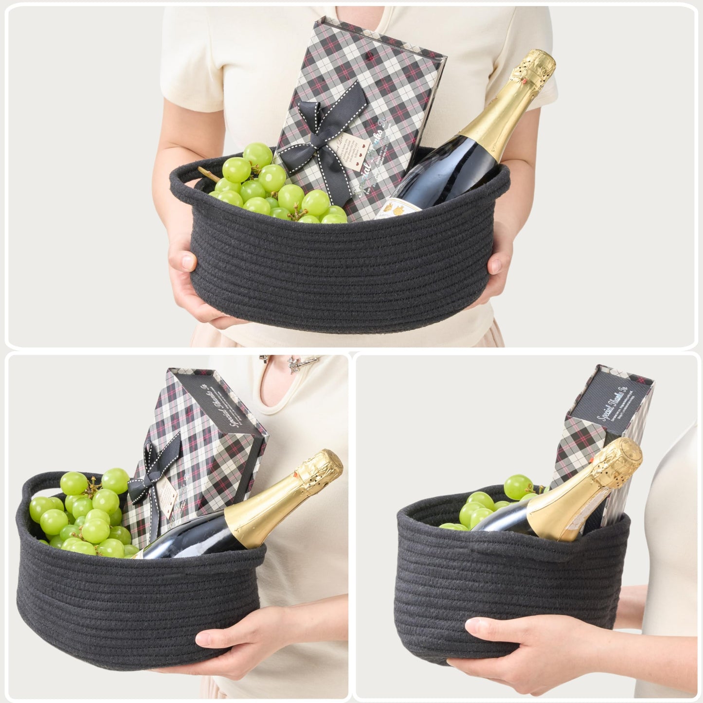 Small Woven Gift Basket Empty with Bag & Ribbon - Gifts for Mom, Baby Shower, Birthdays & Raffle - Cotton Rope Storage Basket for Dog Toys or Shelf - 12"x8"x5", Black