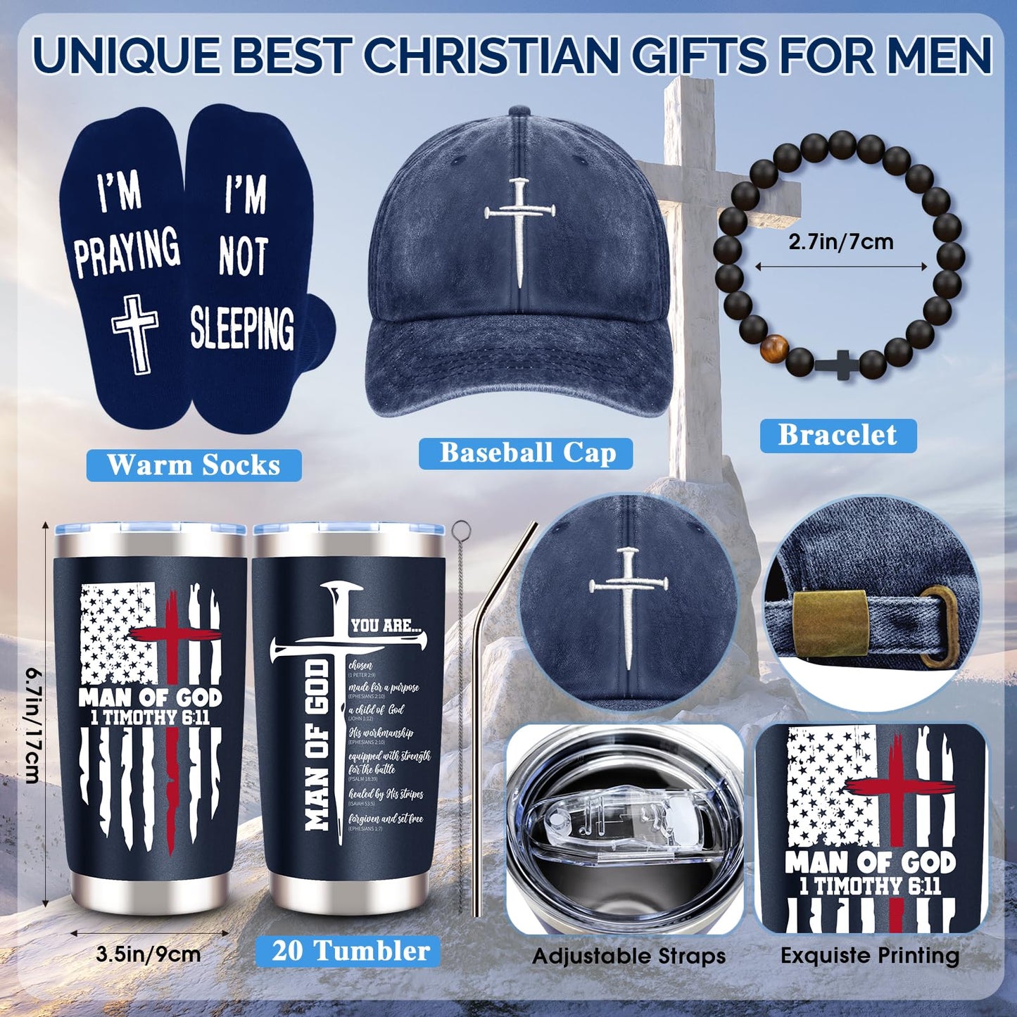 10 Pcs Christian Gifts for Men Faith, Inspirational Religious Gifts, Catholic Gift with 20 Oz Tumbler Bible Verses Crystal Plaque Hat Socks Bracelet Keychain for Husband, Dad, Grandpa, Friends