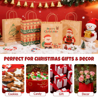 SUNEE Christmas Gift Bags, 24 Pack Christmas Bags for Gifts with Handles, 6 Assorted Kraft Paper Gift Bags Bulk with Xmas Tree, Santa Claus, Candy Designs, 7.28*3.15*8.7 Goodie Bags for Kids, Small Size