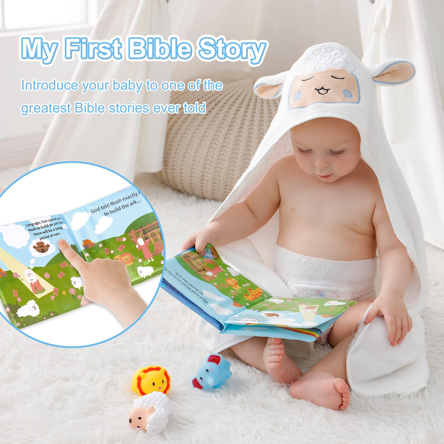 MyMateZoe My First Noahs Ark 7 pcs Baptism Gift Set, Dedication, Christening and Baptism Gifts for Boys and Newborn Baby, Includes Washcloth and Hooded Towel, Baby Bath Book, 3 Bath Toys and Gift Bag