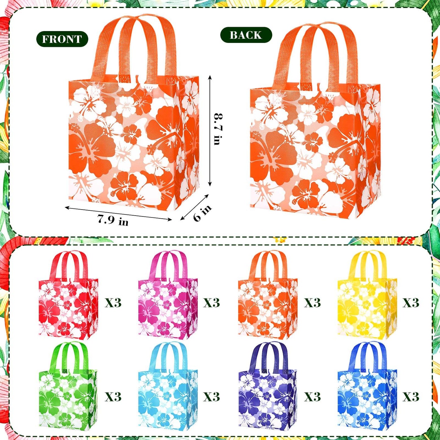 Teling 24 Pcs Large Hawaiian Party Favor Tote Bags 15lb Non Woven Hibiscus Goodie Gift Bag with Handles Luau Tropical Aloha Tiki Summer Birthday Party Supplies