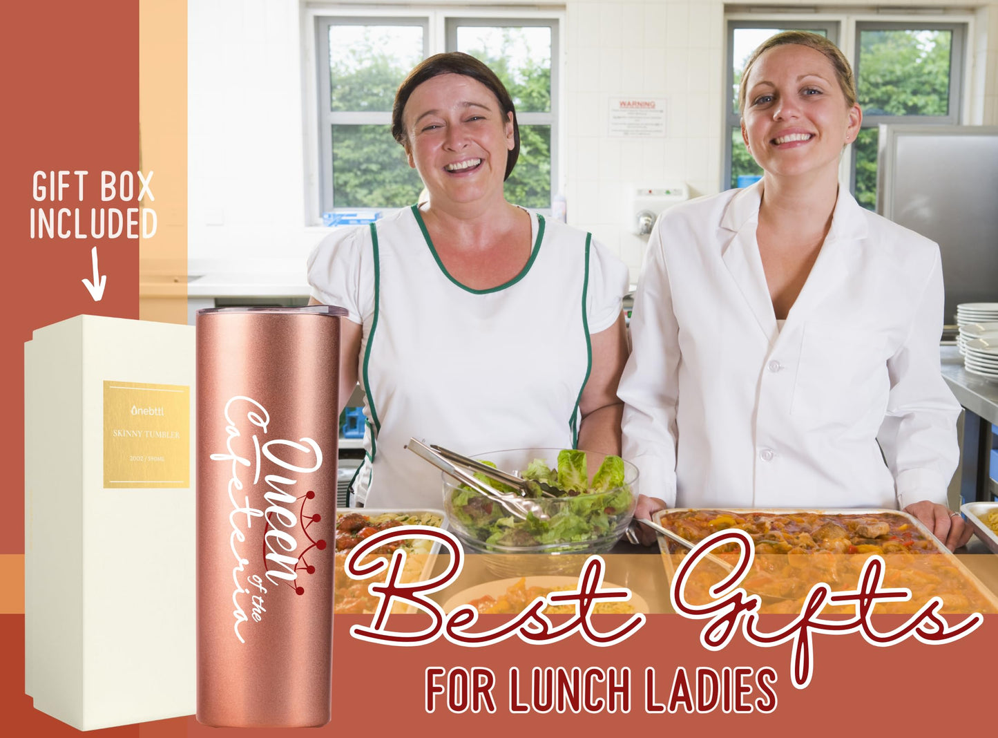 Onebttl Lunch Lady Appreciation Gifts, 20oz Stainless Steel Insulated Skinny Tumbler, Lid & Straw Included, Rose Gold