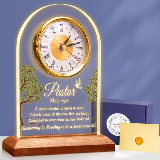 OkiyiD Pastor Appreciation Gifts, Pastor Gifts for Men Women, Light Up Quartz Clock with LED Wooden Base for Pastor Home Office Decor, Lighting Desk Table Clock,Thank You Presents for Pastor Preacher