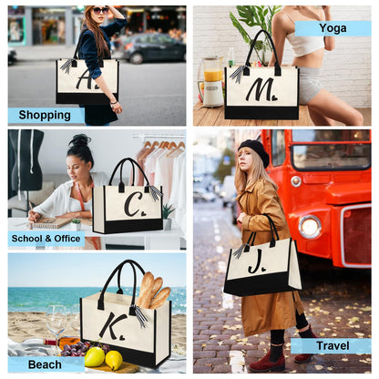 shenee Initial Canvas Tote Bag, Personalized Beach Jute Bag Present for Women Holiday,Friends Birthday Gift,Wedding, New Year