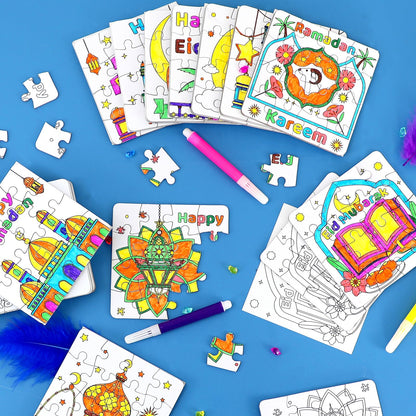 24 Pcs Ramadan Crafts for Kids, Eid Mubarak Arts and Crafts DIY Puzzle with Lanterns, Stars, Masjid, Moon, Castles, Ramadan Eid Activities Painting Kits for Islamic Gifts Party Favors & Goodies Bulk