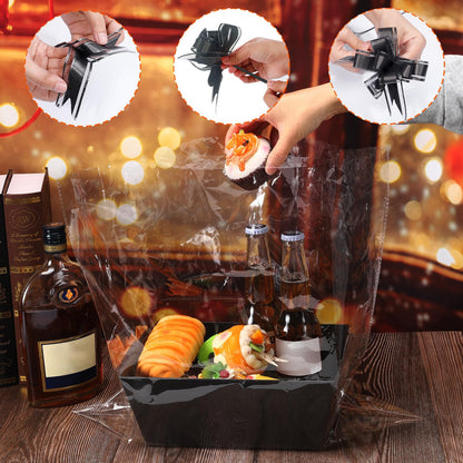 MADHOLLY 6 Set Baskets for Gifts Empty - Sturdy Kraft Graduation Gift Basket Kit with Cellophane Wrap Pull Bows for Men, Father’s Day, Career Promotion, Birthday Gift Wrapping, Black