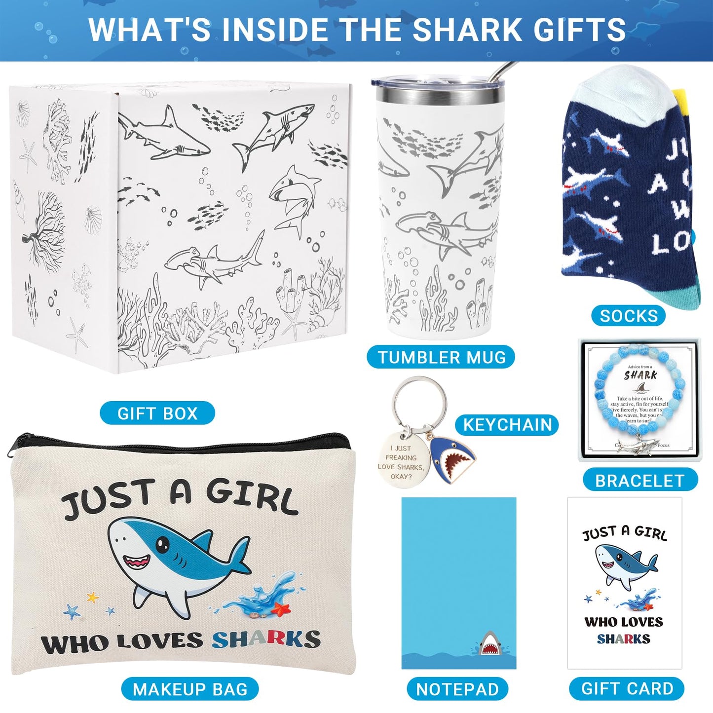Bayelove Shark Gifts for Women Best Shark Lovers Week Gift for Women Funny Sharks Stuff Include Makeup Bag Socks Notepad Tumbler Mug Keychain Brecelet Gift Card for Birthday Christmas Mothers Day