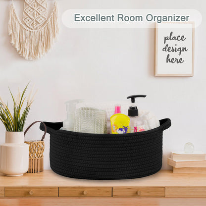 COMSE Small Woven Basket with Gift Bags and Ribbons, Gift Basket Empty, Cotton Rope Storage Organizer, Baby Toy Box with Handles, 12" x 8" x 5", Black