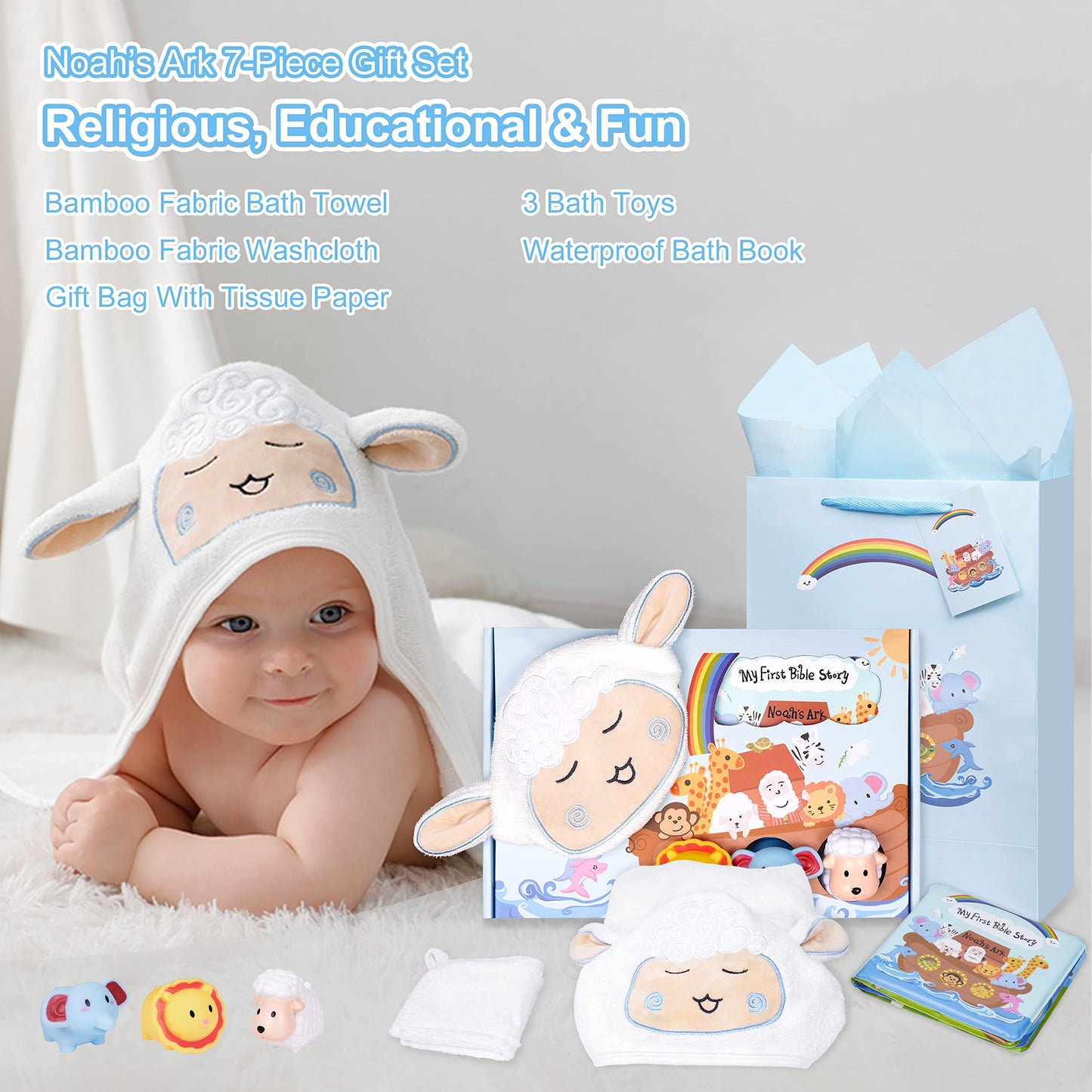 MyMateZoe My First Noahs Ark 7 pcs Baptism Gift Set, Dedication, Christening and Baptism Gifts for Boys and Newborn Baby, Includes Washcloth and Hooded Towel, Baby Bath Book, 3 Bath Toys and Gift Bag