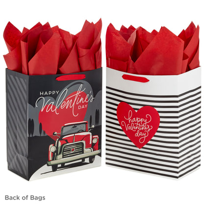 Hallmark 13" Large Valentine's Day Gift Bags With Tissue Paper (Stripes and Red Truck 2-Pack)