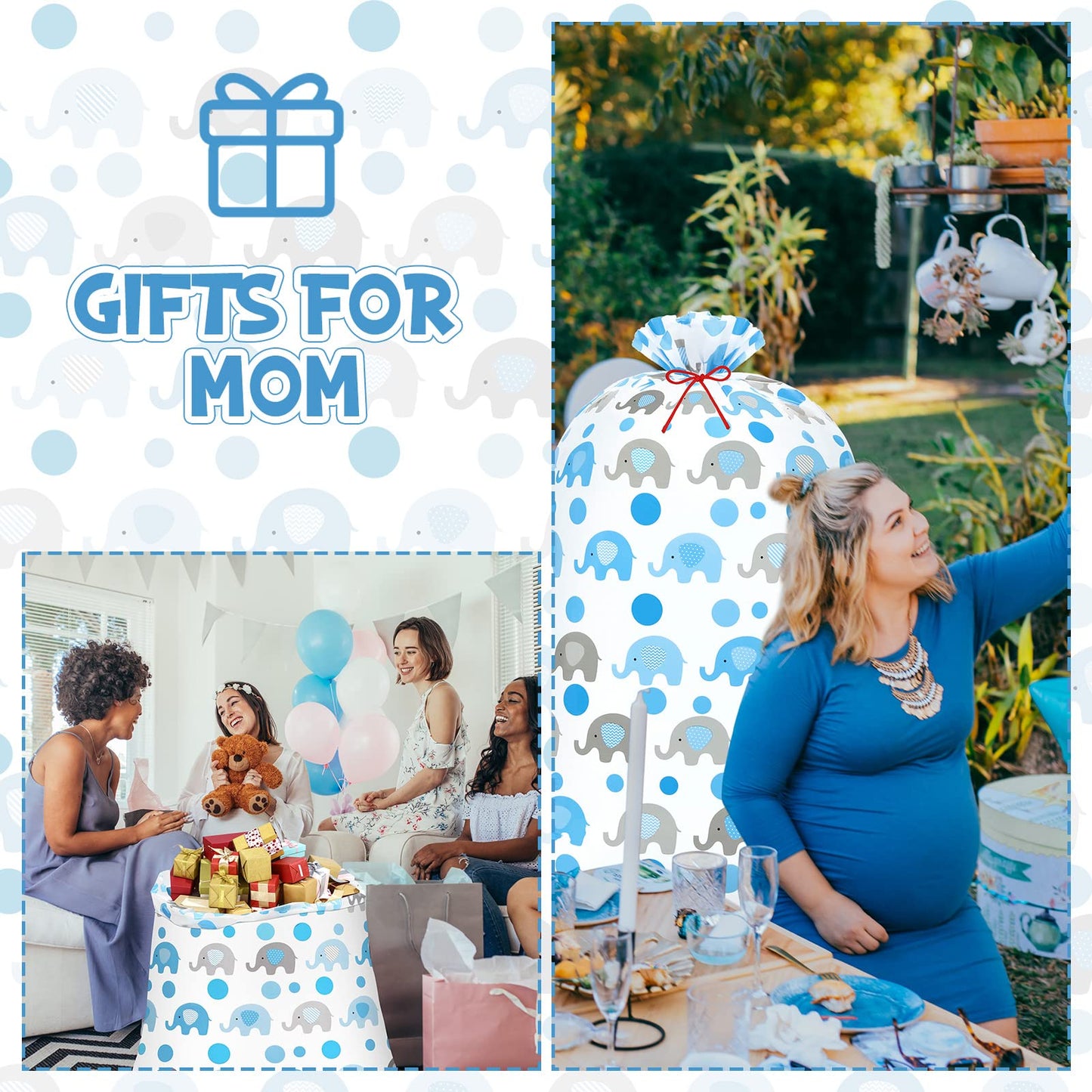 Zonon 3 Pcs 56'' XL Extra Large Baby Shower Bag Blue Elephant Giant Oversized Holiday Plastic Gift Bags Jumbo Huge Storage Wrapping for Birthday Present Holiday Party Favors Gift Wrap(Blue)