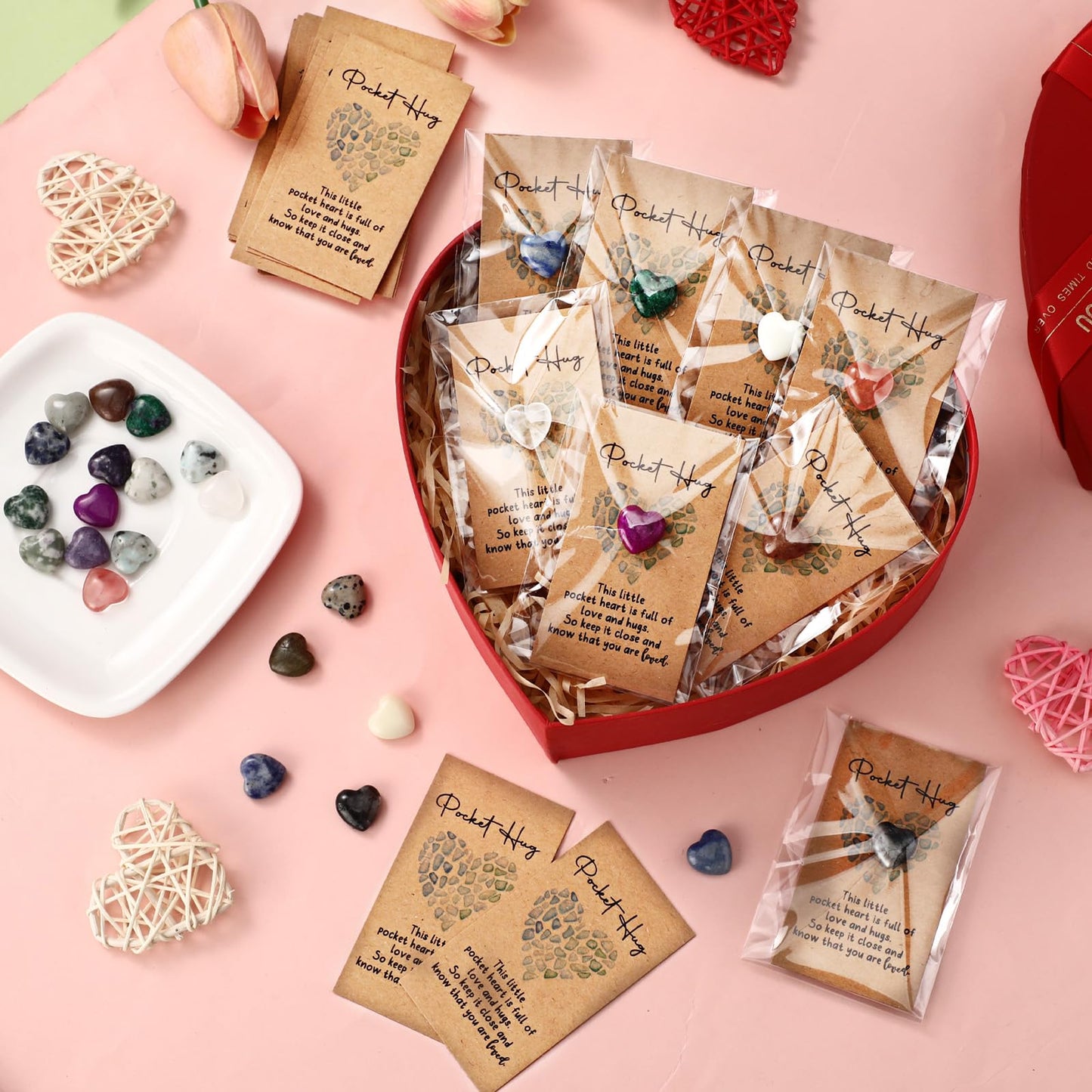 Nosiny 30 Sets Heart Stones Bulk Gift for Women Pocket Hug Token Gift Cards 0.8'' Natural Heart Crystals and Healing Stones with Card Mental Health Favor for Graduation Teacher Nurse Friend Coworker