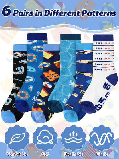 6 Pairs Novelty Sports Gifts for Men Cotton Crew Socks Father Gift for Wrestling Swim Fencing Boxing Dive Lover