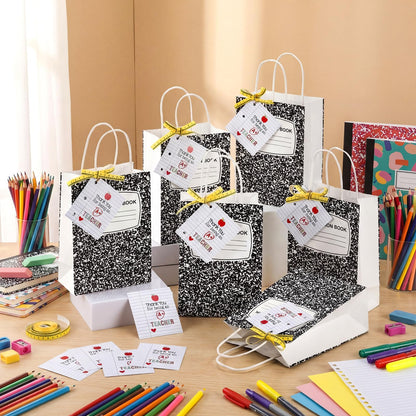 Gilprop 12 Pcs Teacher Appreciation Gift Bags with Paper Tag Thank You Teacher Gift Bags with Handle End of Year Gifts with Tape Measure Ribbon for Graduation Party Favor (Composition Book,Main black)
