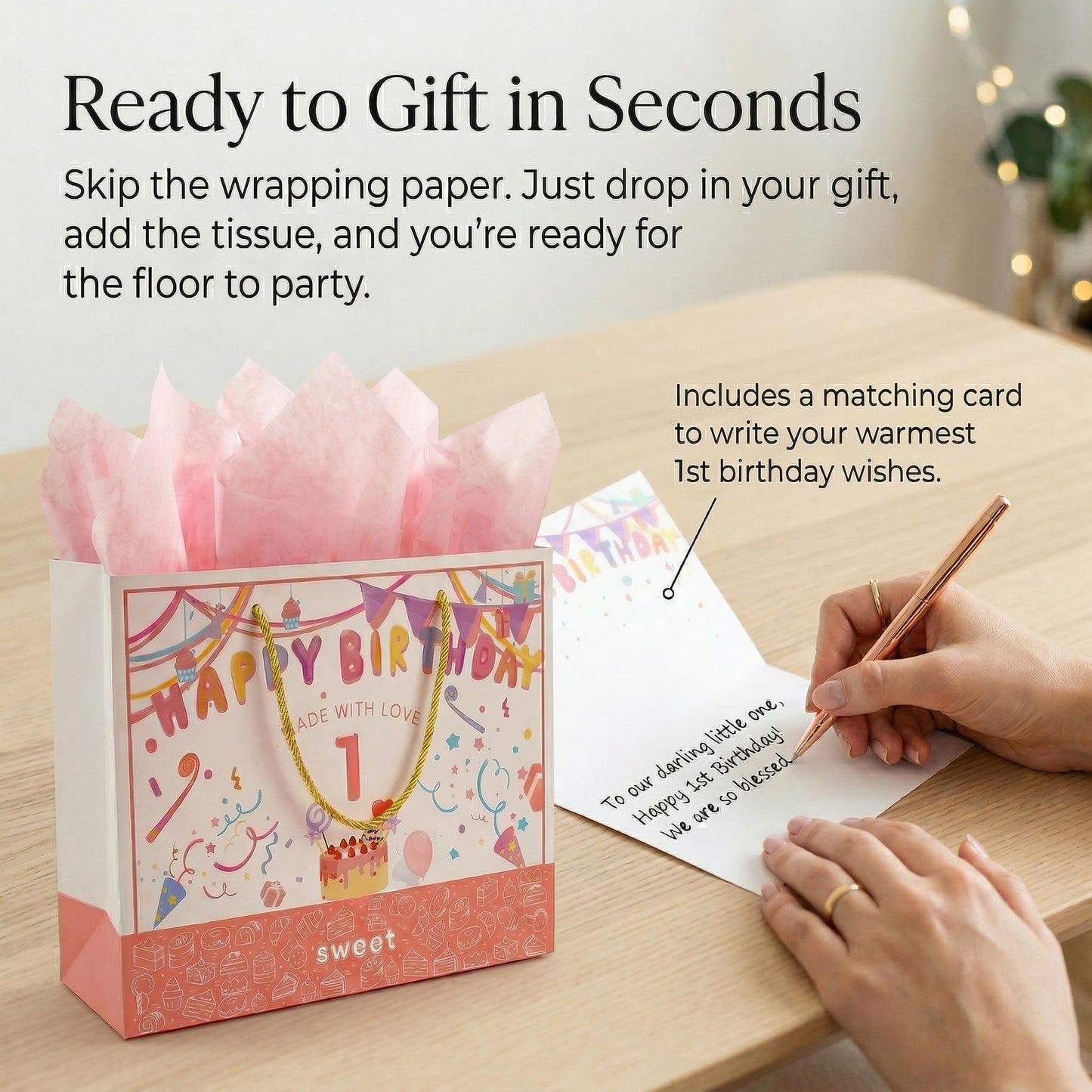 BOPLYBAY 1st Birthday Gift Bag for Girls with Greeting Card & Tissue Paper - Large 13" Pink Age 1 Birthday Party Favor Bag, Luxury Gift Wrapping Set for One Year Old Baby Girl (Age 1)