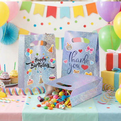 UnicoPak 16 Pack Premium Iridescent Party Favor Bags - 6x3x9 Glitter Goodie Bags for Birthday Party, Wedding - Sturdy Holographic Gift Bags with Auto-lock Bottom, Customizable for Treats & Cookies