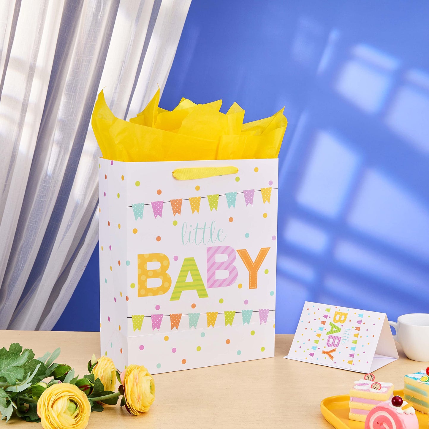 SUNCOLOR Large Gift Bag for Baby Shower with Tissue Paper, White Paper Bag with Colorful Banner Design, 13x10.2x4.7 Inches, Includes Card and Yellow Tissue Paper