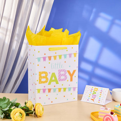 SUNCOLOR Large Gift Bag for Baby Shower with Tissue Paper, White Paper Bag with Colorful Banner Design, 13x10.2x4.7 Inches, Includes Card and Yellow Tissue Paper