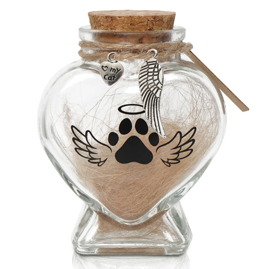 Pet Memorial Gift for Loss of Cat, Heart Shape Glass Jar & Bottle for Fur, Hair, Whiskers or Ashes Keepsake Urn with Cork Top, Charms for Cute Rainbow Bridge Memorial