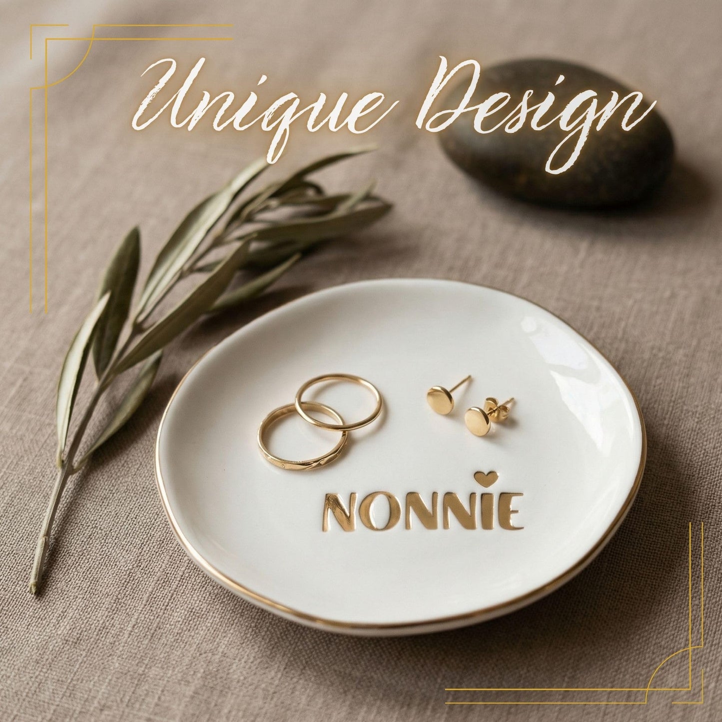InnoBeta NONNIE Gifts Grandma Gifts from Grandkids Granddaughter for Birthday Christmas Mother's Day - 4.75" Handcrafted Ceramic Ring Dish with Gold Trim, Decorative Trinket Dish for Rings Earrings