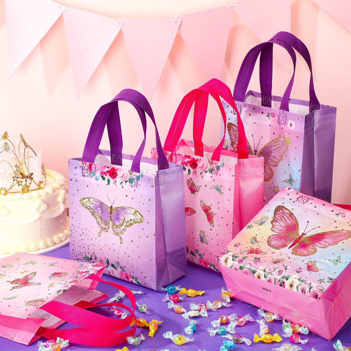 Sweetude 40 Pcs Butterfly Gift Bags Pink and Purple Reusable Totes with Handles Non Woven Butterfly Stylish Candy Bags for Birthday Party