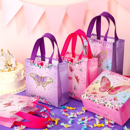 Sweetude 40 Pcs Butterfly Gift Bags Pink and Purple Reusable Totes with Handles Non Woven Butterfly Stylish Candy Bags for Birthday Party