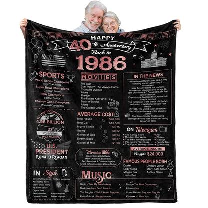 40th Anniversary Blanket Gifts Gift for 40th Wedding Anniversary Ruby Wedding Forty Years of Marriage Gifts for Couple Wife Husband Dad Mom Parents Back in 1986 Throw Blanket 60Lx50W Inch